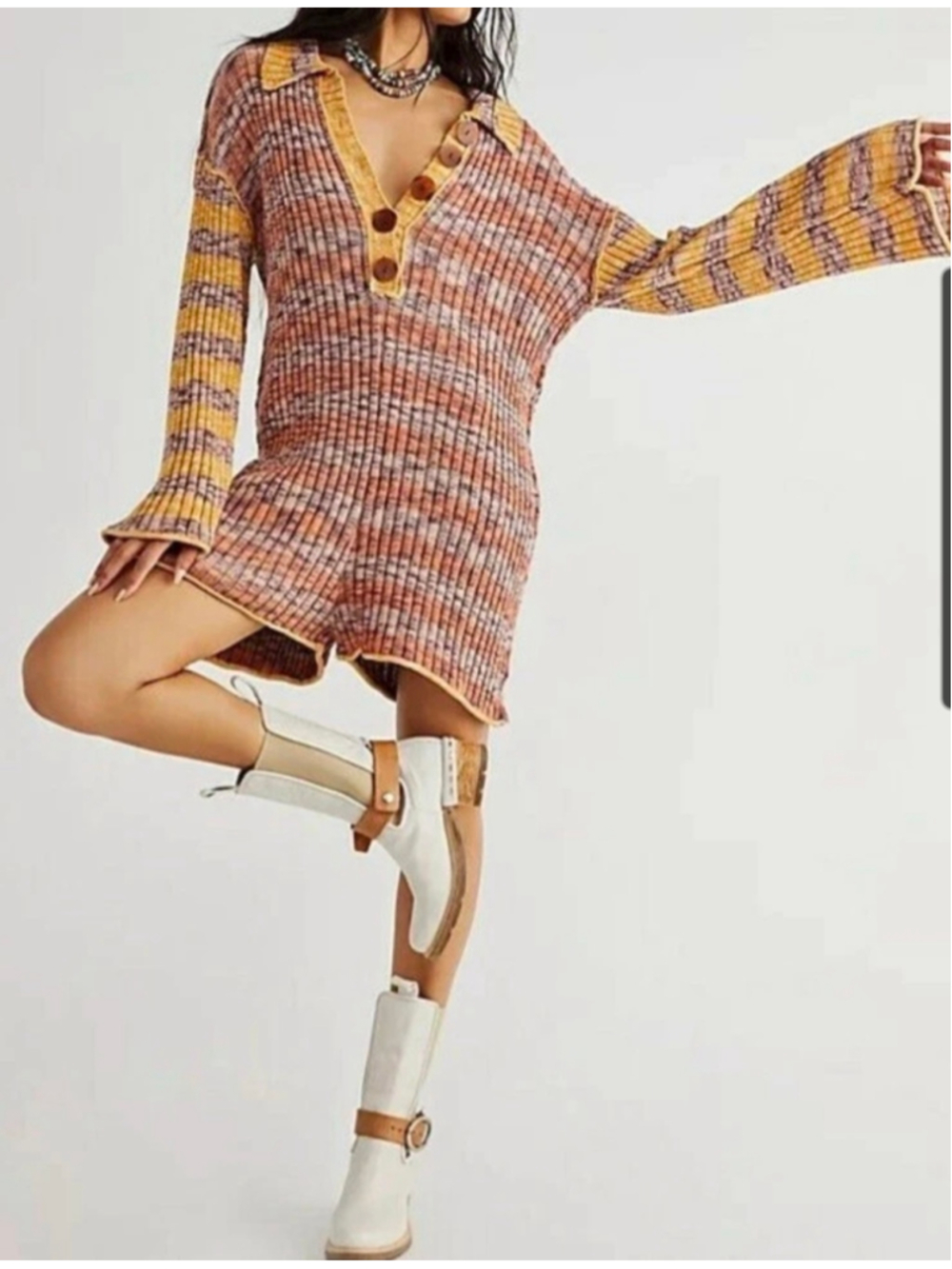 Free People Wendy Ribbed Knit Sweater Romper Space Dye Boho Size XL
